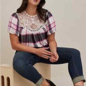 NWT Torrid 3X Purple Plaid Crinkle Gauze Crochet Detail Top